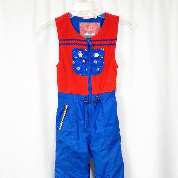 Obermeyer Vintage Kid's Snow Bibs Red and Blue Buttons Snow Pants 80s 90s size 5 - Picture 3 of 11